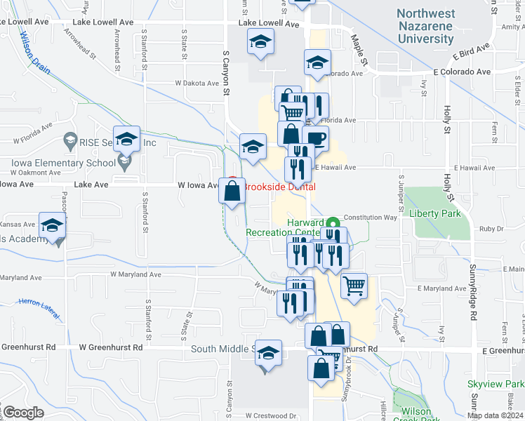 map of restaurants, bars, coffee shops, grocery stores, and more near 1609 Checola Street in Nampa