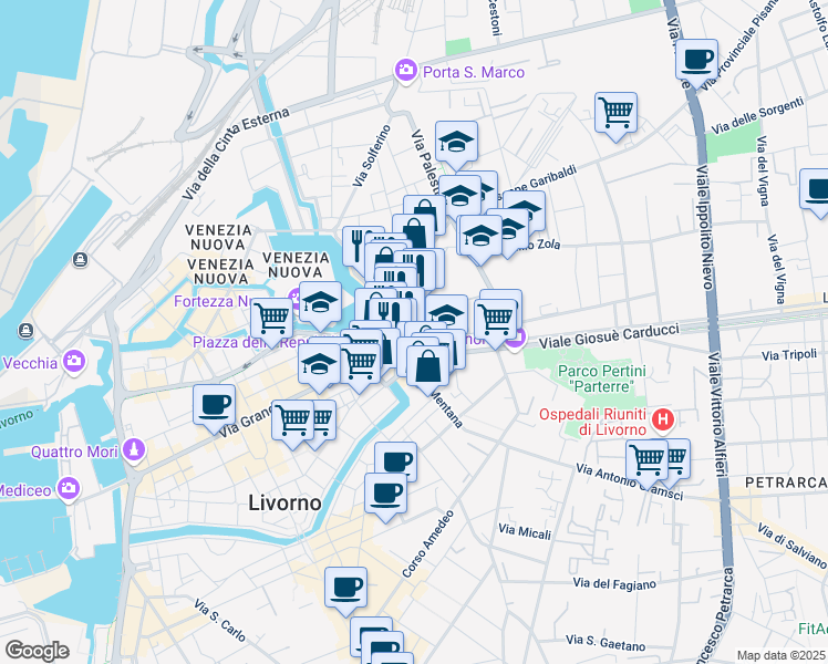 map of restaurants, bars, coffee shops, grocery stores, and more near 59 Via Terrazzini in Livorno