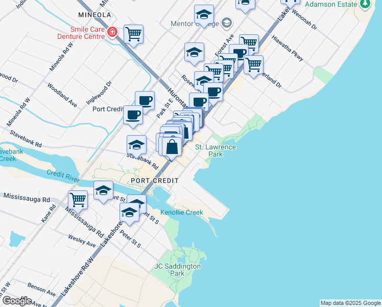 map of restaurants, bars, coffee shops, grocery stores, and more near 50 Port Street East in Mississauga