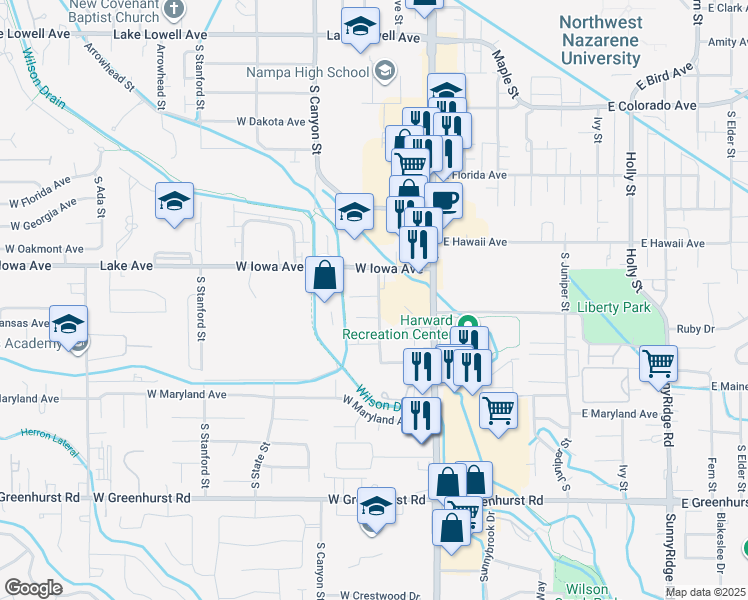 map of restaurants, bars, coffee shops, grocery stores, and more near 307 West Iowa Avenue in Nampa