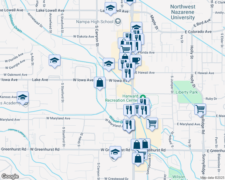map of restaurants, bars, coffee shops, grocery stores, and more near 307 West Iowa Avenue in Nampa