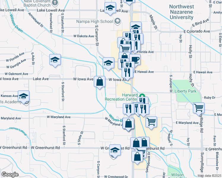 map of restaurants, bars, coffee shops, grocery stores, and more near 307 West Iowa Avenue in Nampa