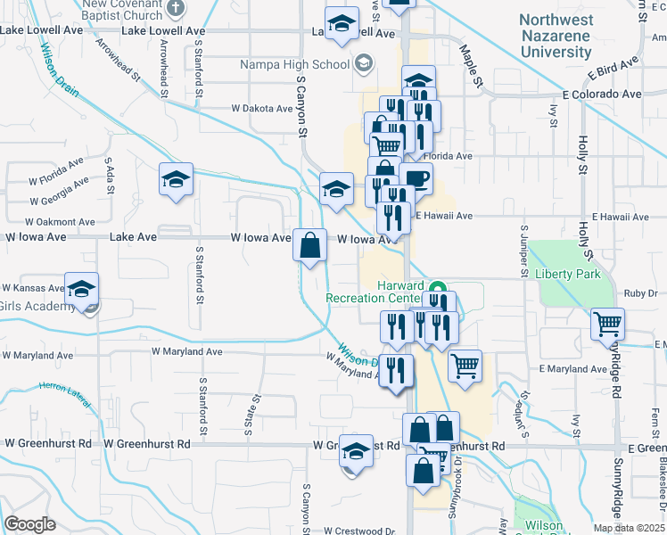 map of restaurants, bars, coffee shops, grocery stores, and more near 335 West Iowa Avenue in Nampa
