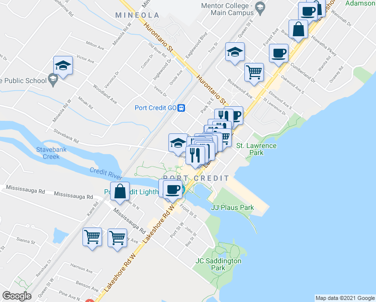 map of restaurants, bars, coffee shops, grocery stores, and more near 28 Elizabeth Street North in Mississauga