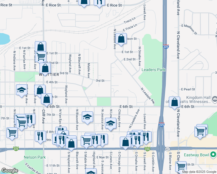 map of restaurants, bars, coffee shops, grocery stores, and more near East 3rd Street in Sioux Falls