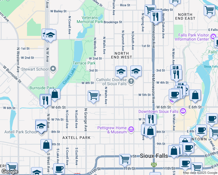 map of restaurants, bars, coffee shops, grocery stores, and more near 828 West 4th Street in Sioux Falls