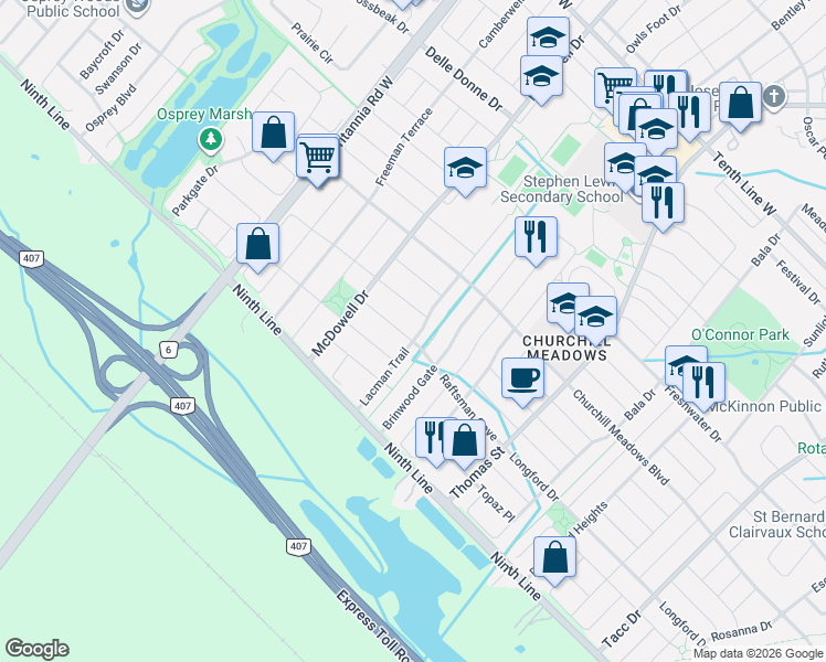map of restaurants, bars, coffee shops, grocery stores, and more near 5813 Raftsman Cove in Mississauga