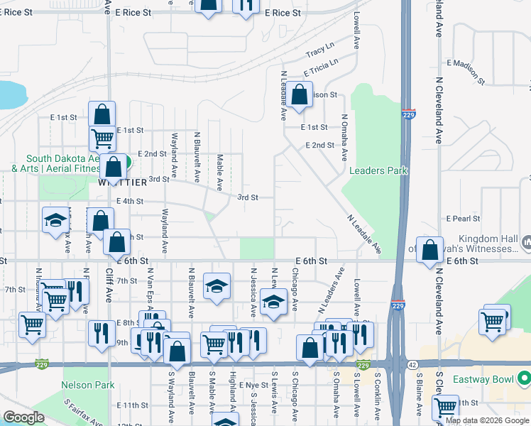 map of restaurants, bars, coffee shops, grocery stores, and more near East 3rd Street in Sioux Falls