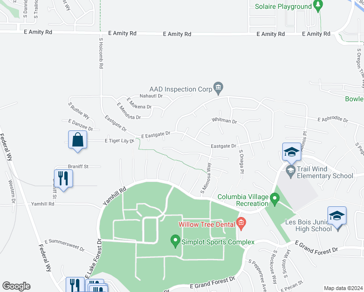 map of restaurants, bars, coffee shops, grocery stores, and more near 5358 South Laramie Place in Boise