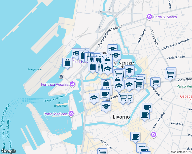 map of restaurants, bars, coffee shops, grocery stores, and more near 37 Viale Caprera in Livorno