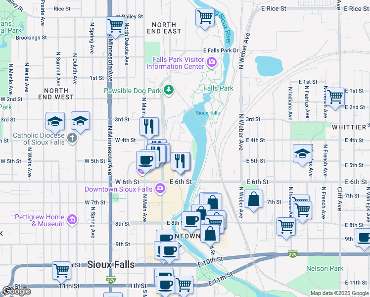 map of restaurants, bars, coffee shops, grocery stores, and more near Sioux Falls Bike Trail in Sioux Falls