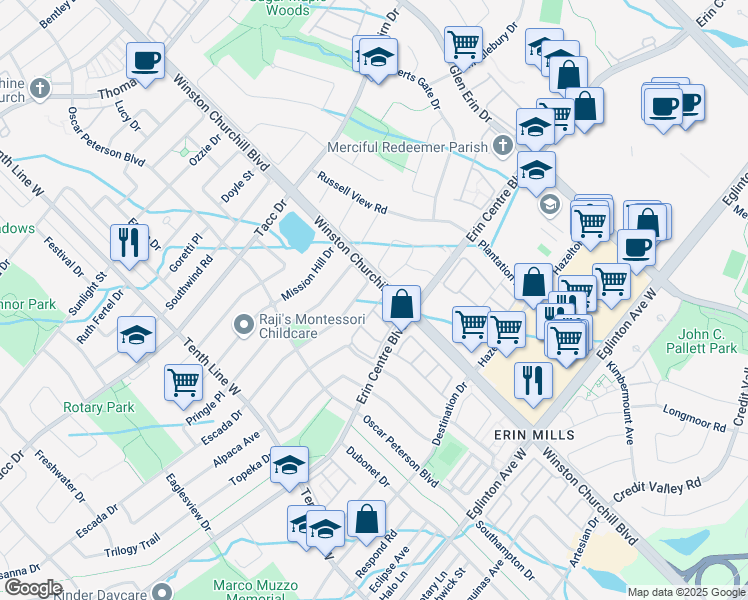 map of restaurants, bars, coffee shops, grocery stores, and more near 5255 Palmetto Place in Mississauga