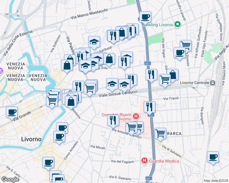 map of restaurants, bars, coffee shops, grocery stores, and more near 102 Via Giuseppe Maria Terreni in Livorno
