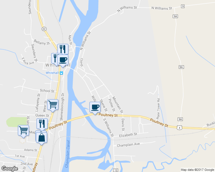 map of restaurants, bars, coffee shops, grocery stores, and more near 22 Mountain Street in Whitehall