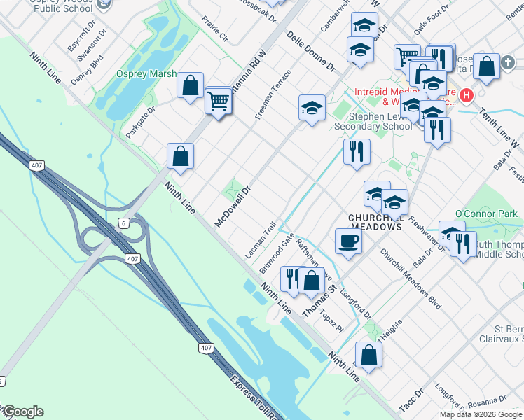 map of restaurants, bars, coffee shops, grocery stores, and more near 5844 Raftsman Cove in Mississauga