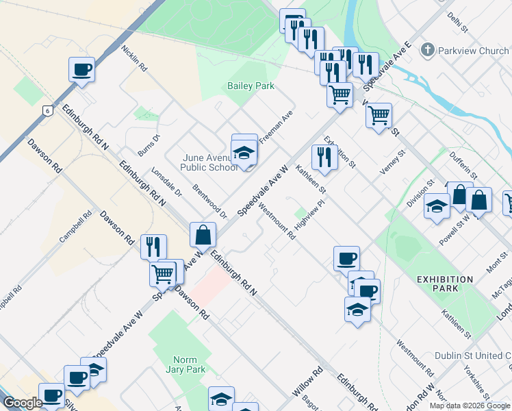 map of restaurants, bars, coffee shops, grocery stores, and more near 151 Westmount Road in Guelph