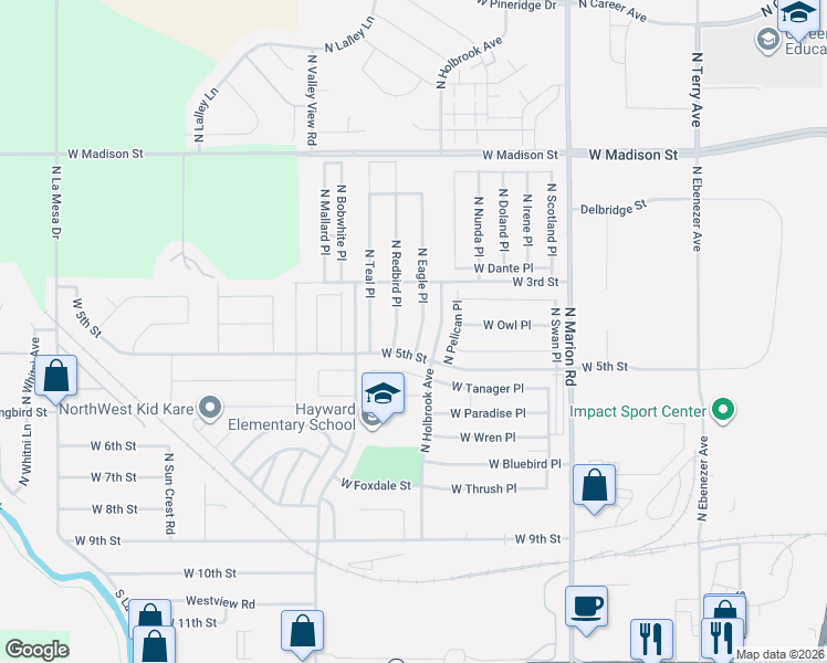 map of restaurants, bars, coffee shops, grocery stores, and more near 500-610 N Eagle Pl in Sioux Falls