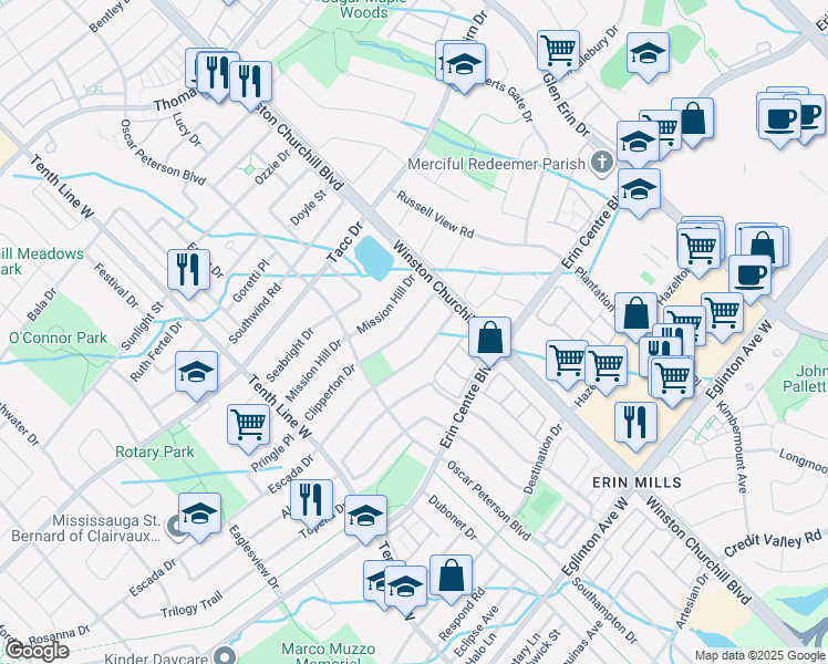 map of restaurants, bars, coffee shops, grocery stores, and more near 3219 Cabano Crescent in Mississauga
