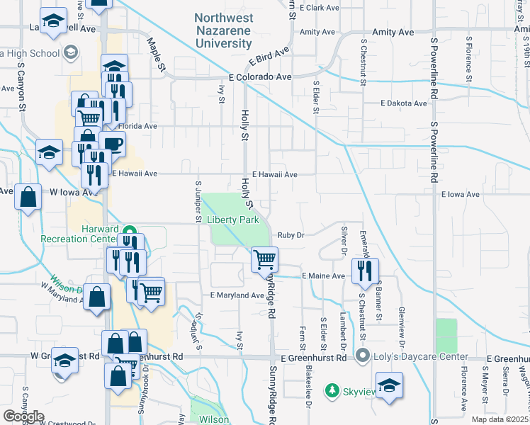 map of restaurants, bars, coffee shops, grocery stores, and more near 1513 South Garland Street in Nampa