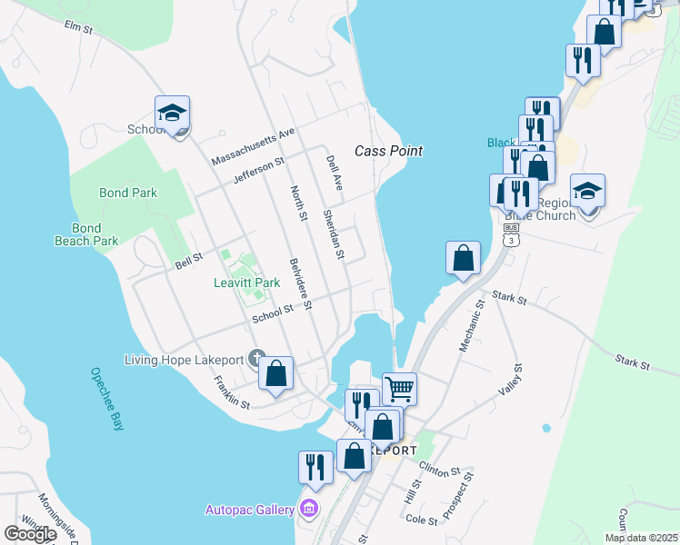 map of restaurants, bars, coffee shops, grocery stores, and more near 91 Sheridan Street in Laconia
