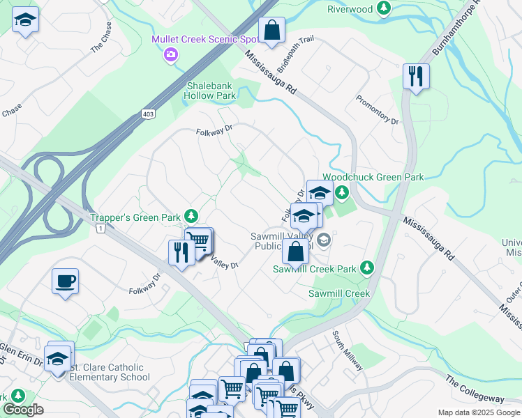 map of restaurants, bars, coffee shops, grocery stores, and more near in Mississauga