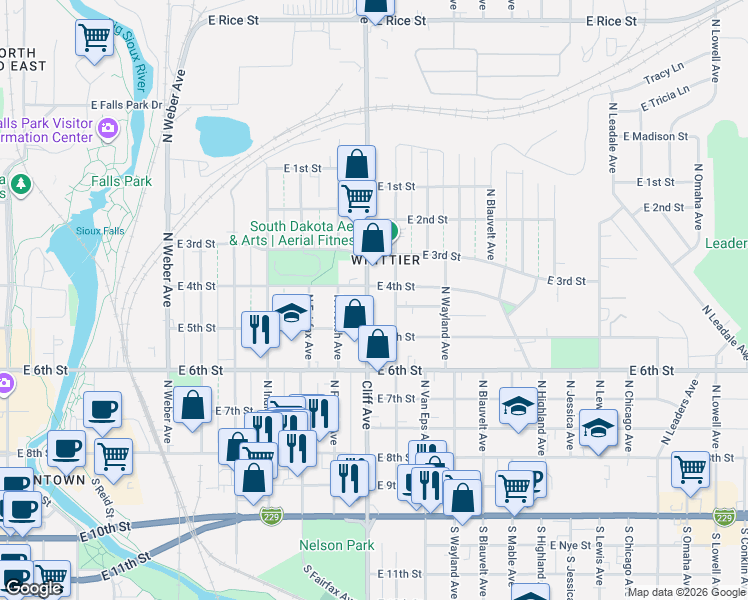 map of restaurants, bars, coffee shops, grocery stores, and more near 707 North Sherman Avenue in Sioux Falls