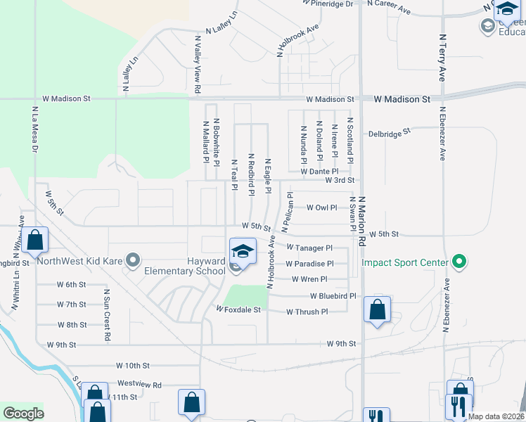 map of restaurants, bars, coffee shops, grocery stores, and more near 500-610 N Eagle Pl in Sioux Falls