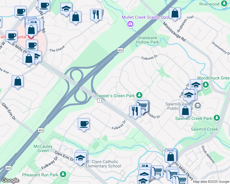 map of restaurants, bars, coffee shops, grocery stores, and more near 2453 Colter Court in Mississauga