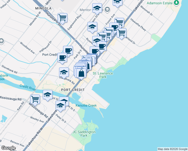 map of restaurants, bars, coffee shops, grocery stores, and more near 70 Port Street East in Mississauga