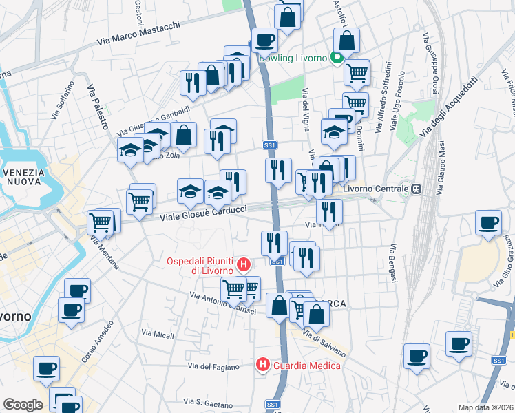 map of restaurants, bars, coffee shops, grocery stores, and more near 91 Viale Giosuè Carducci in Livorno