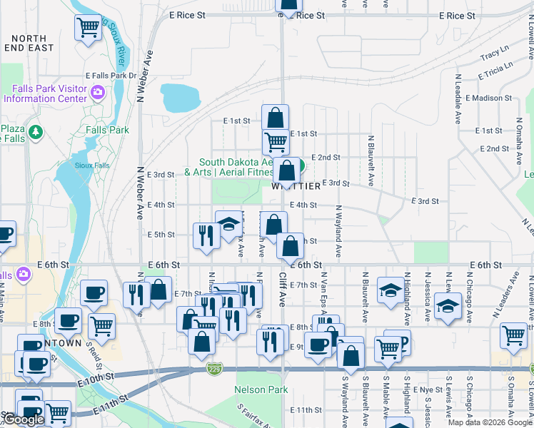 map of restaurants, bars, coffee shops, grocery stores, and more near 1100-1198 E 4th St in Sioux Falls