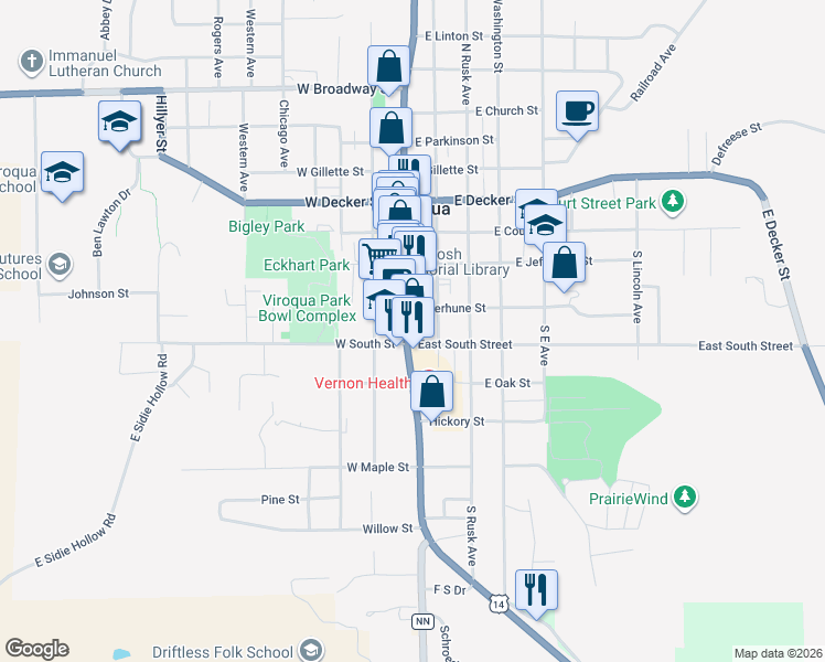 map of restaurants, bars, coffee shops, grocery stores, and more near 317 South Main Street in Viroqua