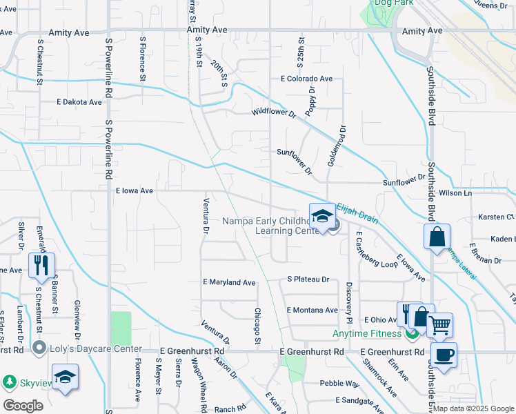 map of restaurants, bars, coffee shops, grocery stores, and more near 2213 East Iowa Avenue in Nampa