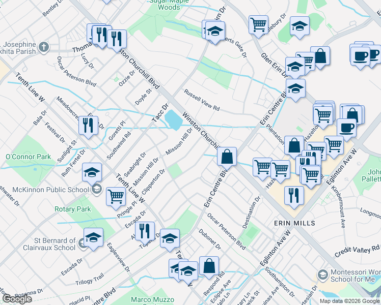 map of restaurants, bars, coffee shops, grocery stores, and more near 3219 Cabano Crescent in Mississauga
