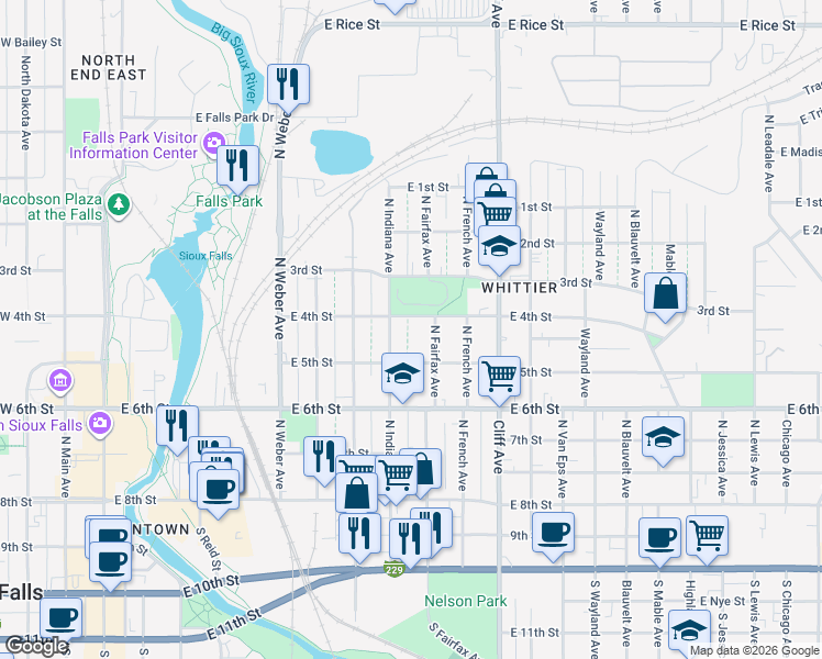 map of restaurants, bars, coffee shops, grocery stores, and more near 600-698 North Indiana Avenue in Sioux Falls