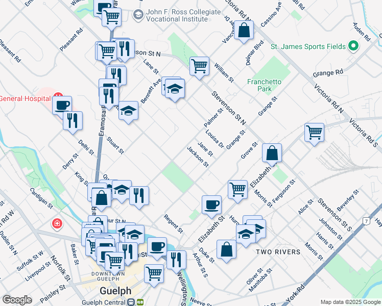 map of restaurants, bars, coffee shops, grocery stores, and more near 42 Parkholm Avenue in Guelph