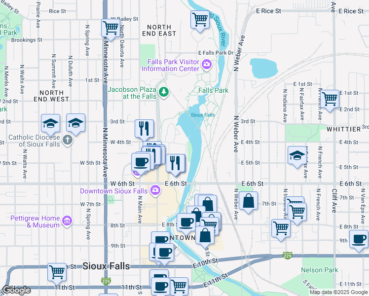 map of restaurants, bars, coffee shops, grocery stores, and more near Sioux Falls Bike Trail in Sioux Falls
