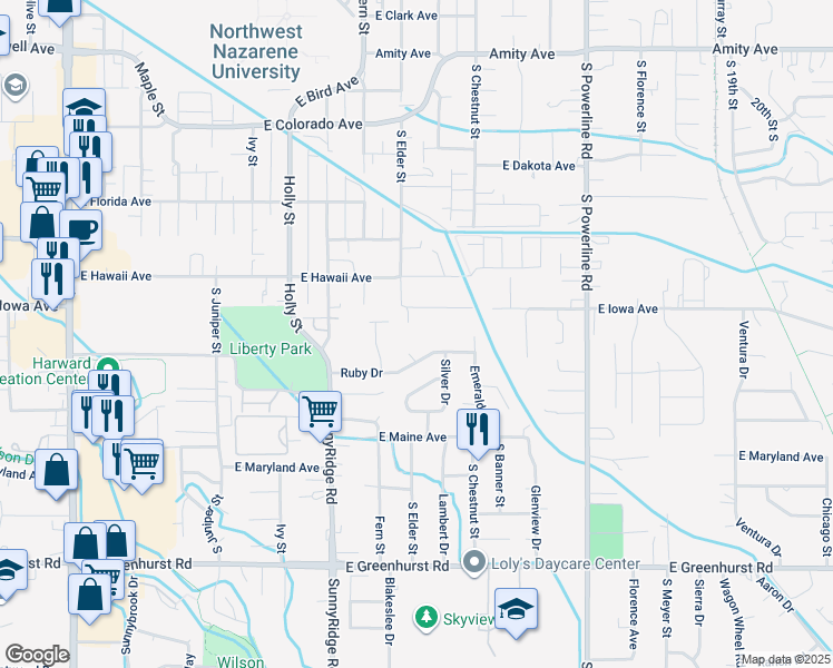 map of restaurants, bars, coffee shops, grocery stores, and more near 1031 East Iowa Avenue in Nampa