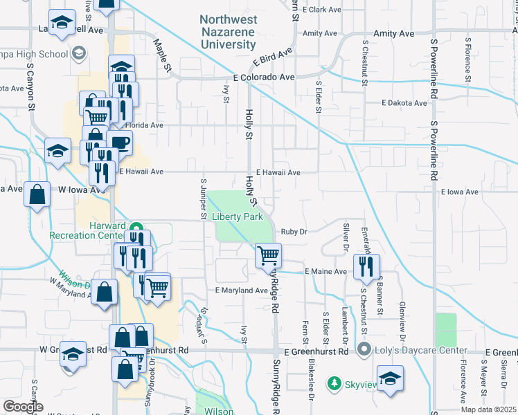 map of restaurants, bars, coffee shops, grocery stores, and more near 1513 South Garland Street in Nampa