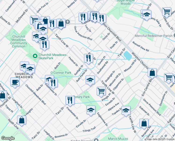 map of restaurants, bars, coffee shops, grocery stores, and more near in Mississauga