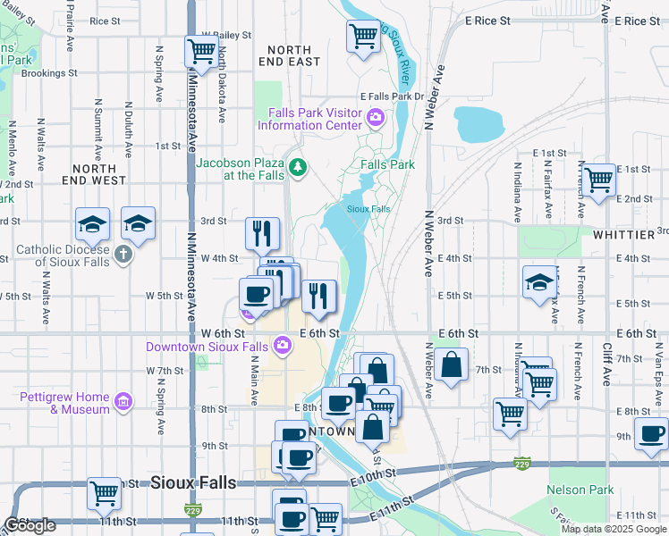 map of restaurants, bars, coffee shops, grocery stores, and more near Sioux Falls Bike Trail in Sioux Falls