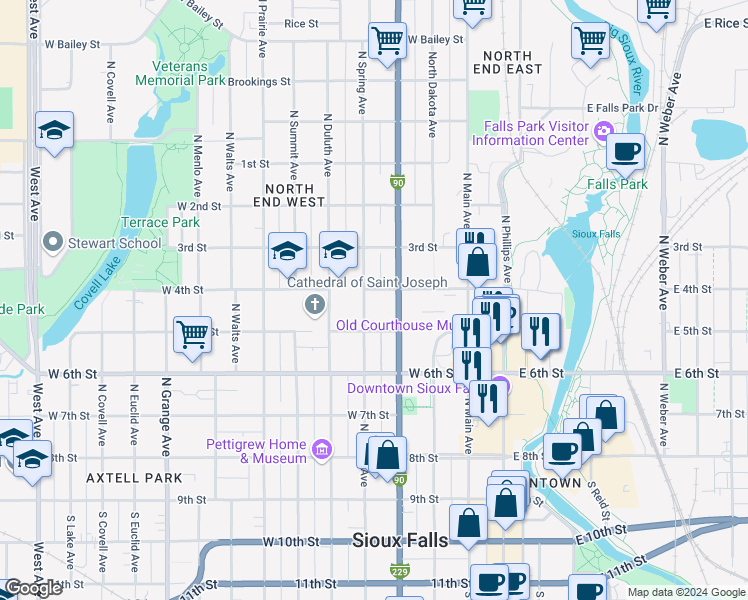 map of restaurants, bars, coffee shops, grocery stores, and more near 406 South 4th Avenue in Sioux Falls