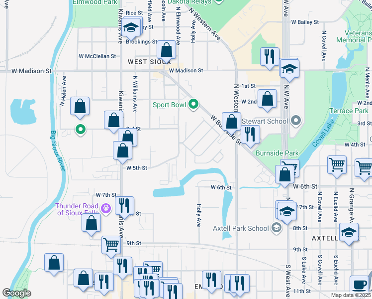 map of restaurants, bars, coffee shops, grocery stores, and more near 401-515 North Paramount Place in Sioux Falls
