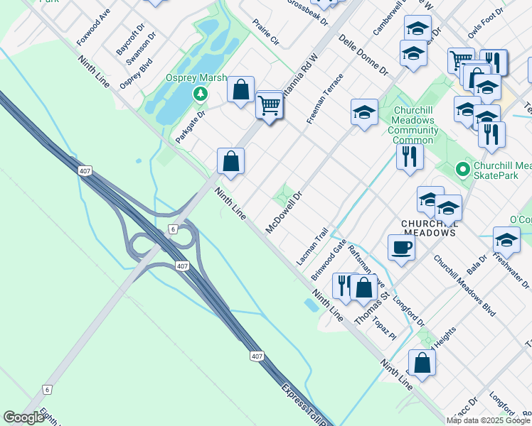 map of restaurants, bars, coffee shops, grocery stores, and more near 3960 Manatee Way in Mississauga