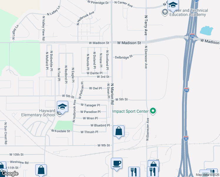 map of restaurants, bars, coffee shops, grocery stores, and more near 5601-5999 West Falcon Place in Sioux Falls