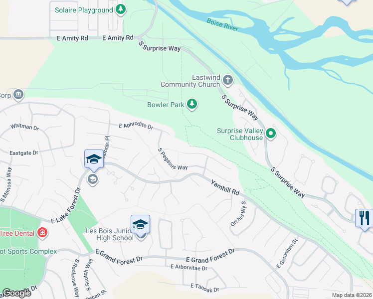 map of restaurants, bars, coffee shops, grocery stores, and more near 4432 East Flores Court in Boise