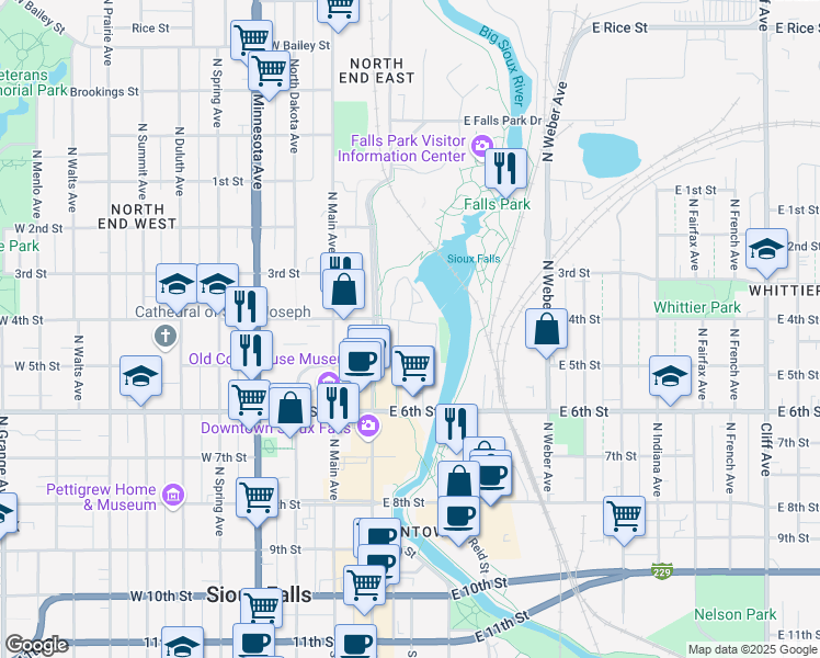 map of restaurants, bars, coffee shops, grocery stores, and more near 140 East 6th Street in Sioux Falls
