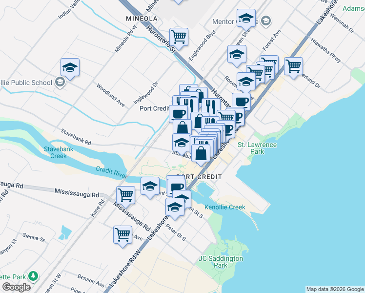 map of restaurants, bars, coffee shops, grocery stores, and more near 21 Park Street East in Mississauga