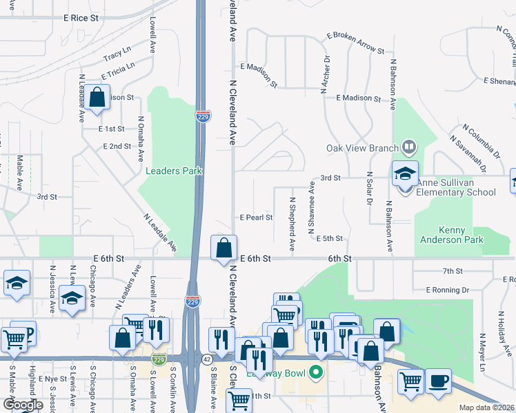map of restaurants, bars, coffee shops, grocery stores, and more near 716 North Harrington Avenue in Sioux Falls