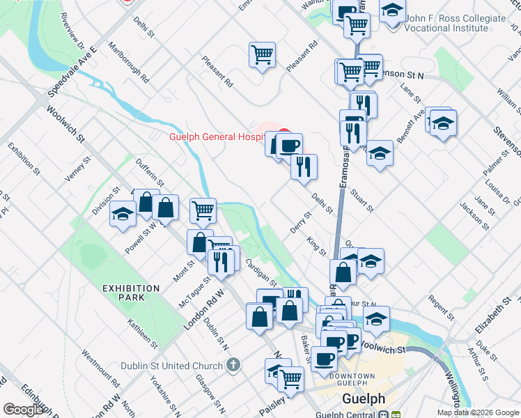map of restaurants, bars, coffee shops, grocery stores, and more near 230 King Street in Guelph